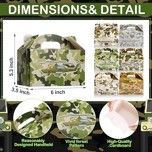 Miniatura 3 de 24 cajas de regalo de camuflaje para fiestas, cajas de camuflaje de papel de camuflaje con asa, suministros de fiesta de cumpleaños de camuflaje