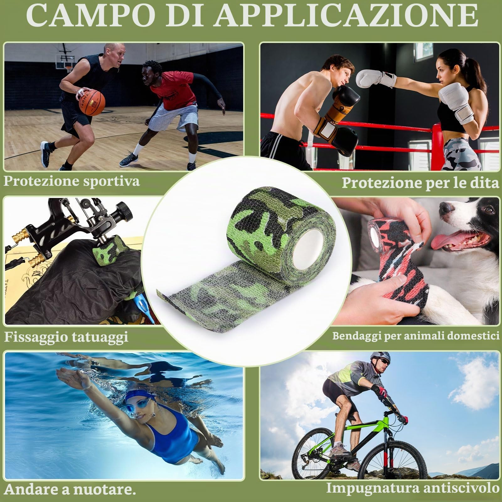 16 Rotoli Benda Elastica Autoadesiva, 5cmx4,5m Benda Elastica Coesiva, Nastro Crossfit, Garza Adesiva Coesiva Benda per Sportivo, Dita, Caviglia, Ginocchia, Gatti, Cani, Cavalli, Mimetico