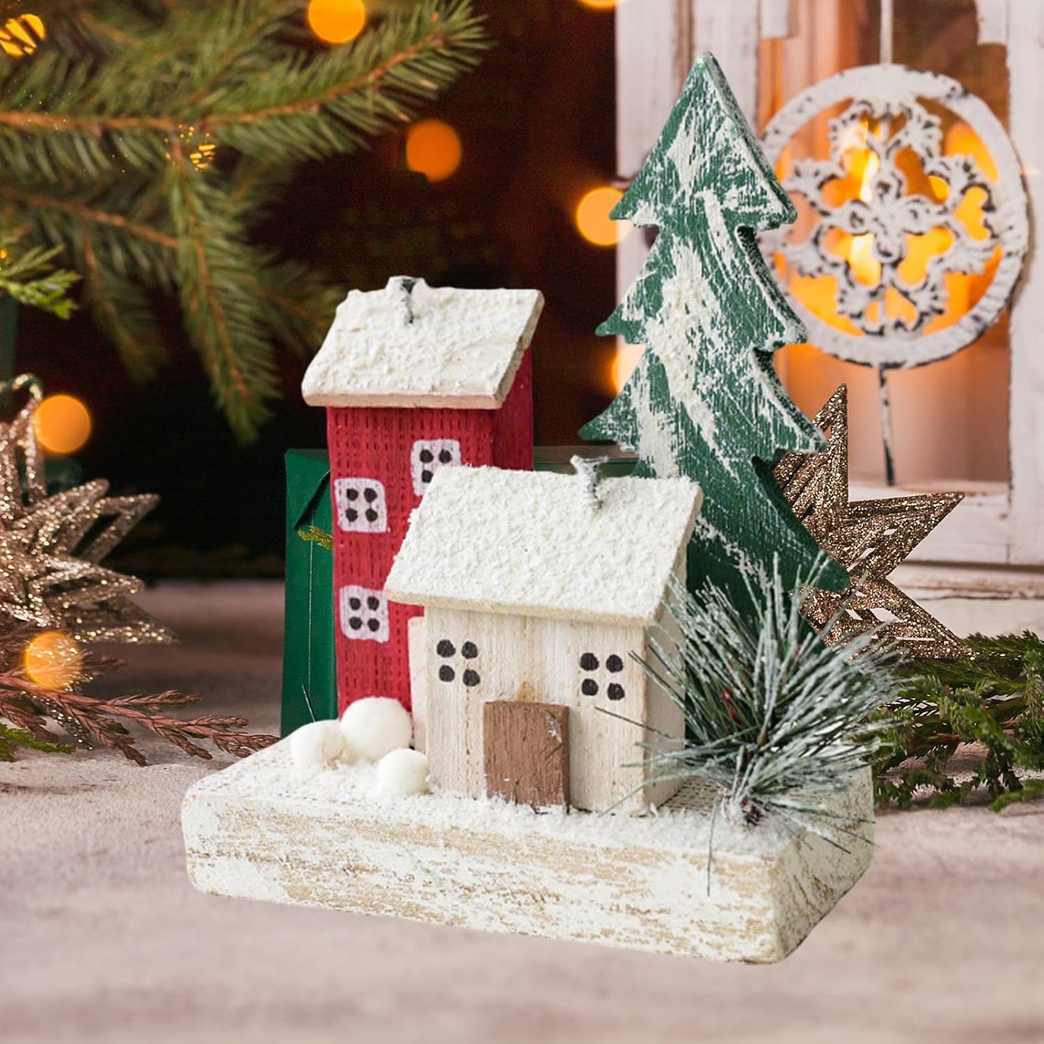 Small Christmas Snow Village House Miniature Figurine Winter Desktop Ornament Gift Display Collectible Building for Holiday, Style C