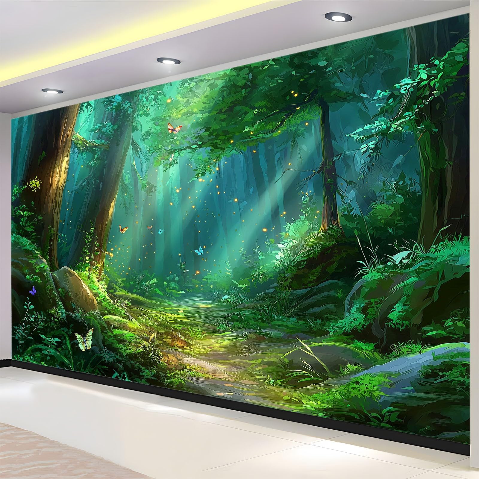Générique Panoramiczna tapeta fantasy las dżungla roślina motyl ciemnozielony, tapeta z włókniny 3D, do pokoju dziecięcego i salonu, dekoracja ścienna XXL, 350 x 256 cm