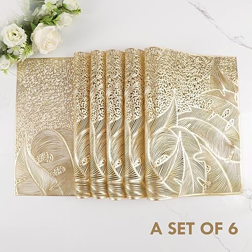 Miniatura 6 de Juego de 6 manteles individuales dorados rectangulares lavables de vinilo prensado a granel para fiestas, comedor, boda, centros de mesa