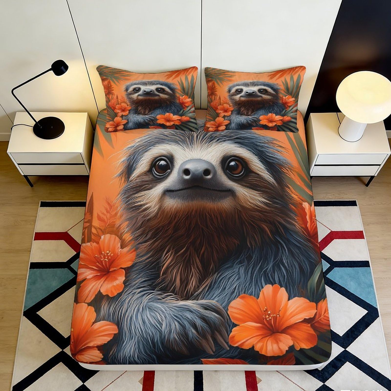 Dhbaneiok Style-6 3D Printed Orange Floral Sloth Fitted Sheet Microfiber Soft Decor Bed Cover For Bedroom Guest Room Mattress Protection 90X200x25cm