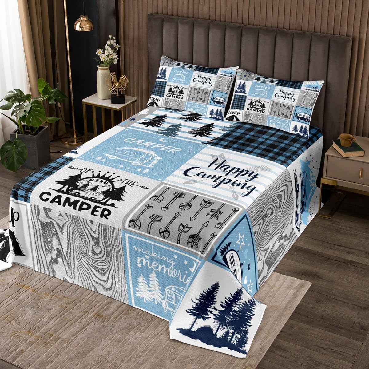 Erosebridal Twin Bedspread Set for Rv Camper, Happy Camping Coverlet Set Camper Gifts Quilt Set for Boys Kids Teens Camper Bed Set, Arrows Plaid Patchwork Rustic Farmhouse Bedding Set Bedroom Decor