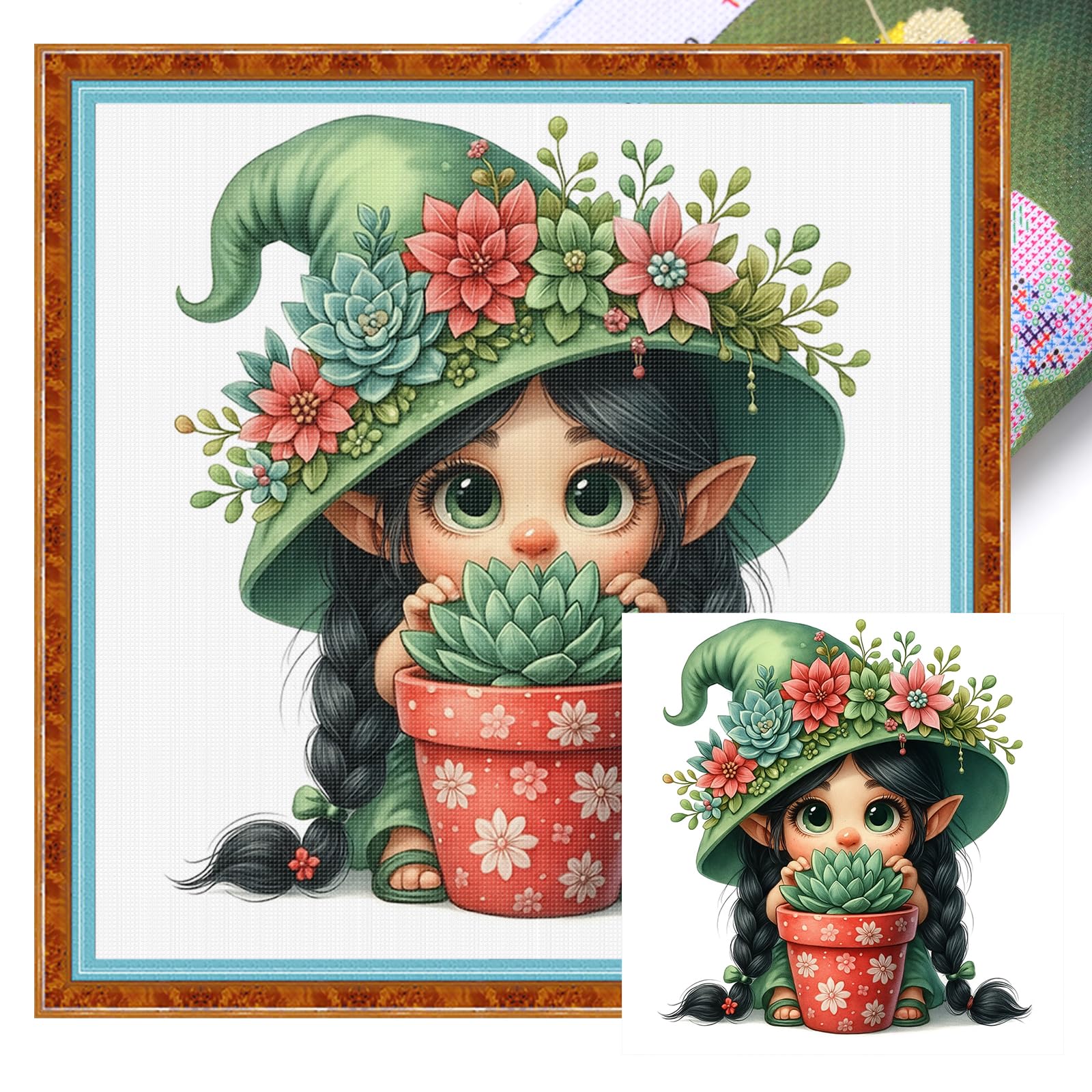 POETRYDRAW Succulent Gnome Full 11CT DIY Stamped Cross Stitch Kits for Beginners Adults Home Decor Cross Stitch Art and Crafts Kits 15.6x15.6In (Succulent Gnome)