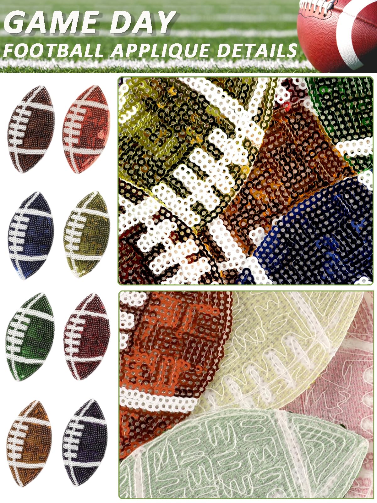 Fußball-Patches mit Pailletten, Trucker-Mütze, zum Aufbügeln, Rugby-Stoffflicken für Kleidung, Nähen, für Löcher, Jeans, Kleid, Rucksack, Tasche, Schuhe, Gameday, dekorative Applikation (blau), 9