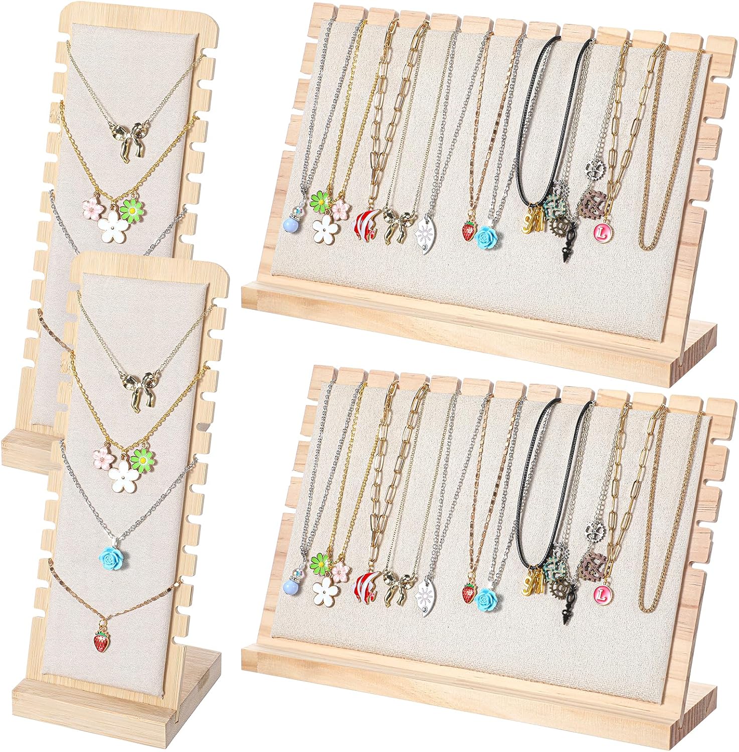 4 PCS Necklace Display for Vendors, Bamboo Retail Jewelry Display Set with Soft Velvet Boards, Detachable Base, 2 Sizes for Necklace Holder & Organizer (Beige)
