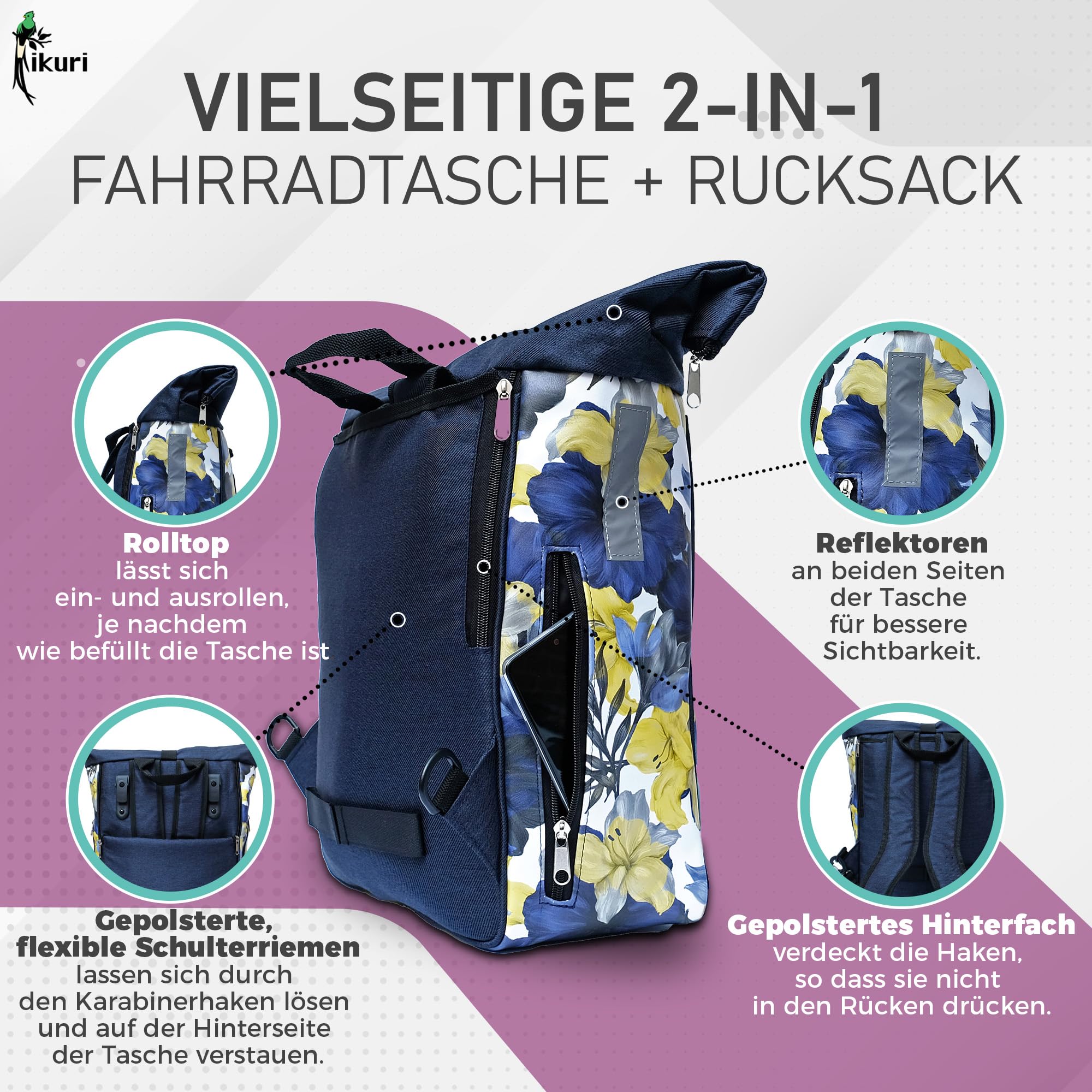 Ikuri Fahrradtasche/Rucksack Kombi Fahrradrucksack aus Plane für Gepäckträger Packtasche Wasserdicht für Frauen