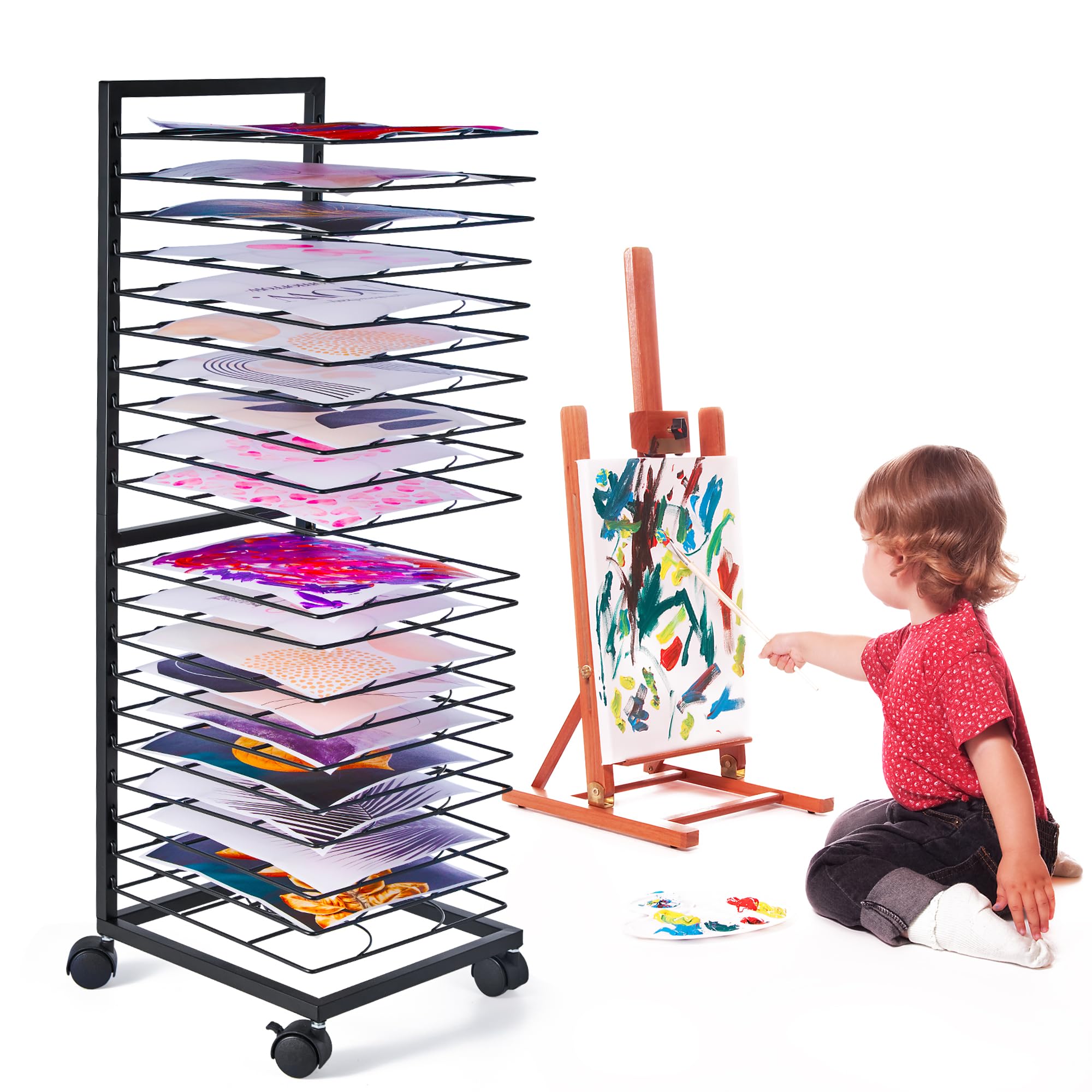 GENMOUS Art Drying Rack, Metal Painting Drying Rack with 20 Removable Shelves, Art Storage Rack with Lockable Wheels for Art Studio Classroom School, 30×11×12 Inches