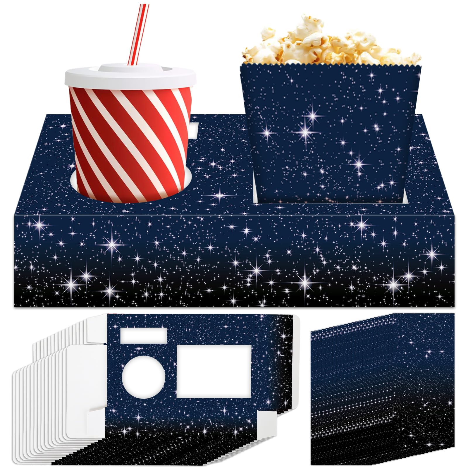 48Pcs Movie Night Supplies 24 Movie Night Snack Trays with 24 Popcorn Bags Theater Snack Boxes Space Theme Party Paper Food Trays Galaxy Food Boats