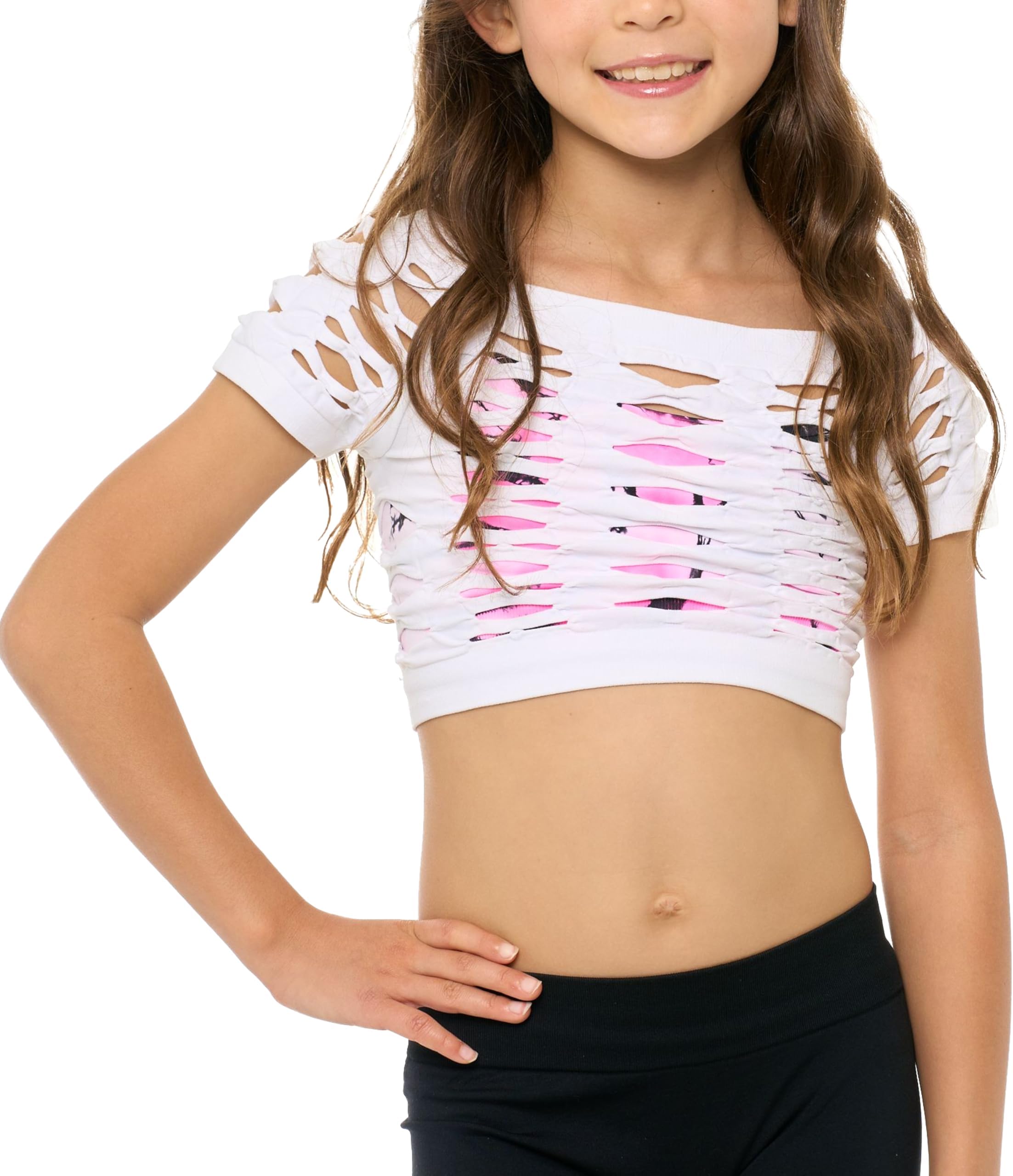Girls Neon Fishnet Crop Top Shirts for Girls Sheer Mesh Short Sleeve Shirt for Dance Cheer Layering Ages 10-14