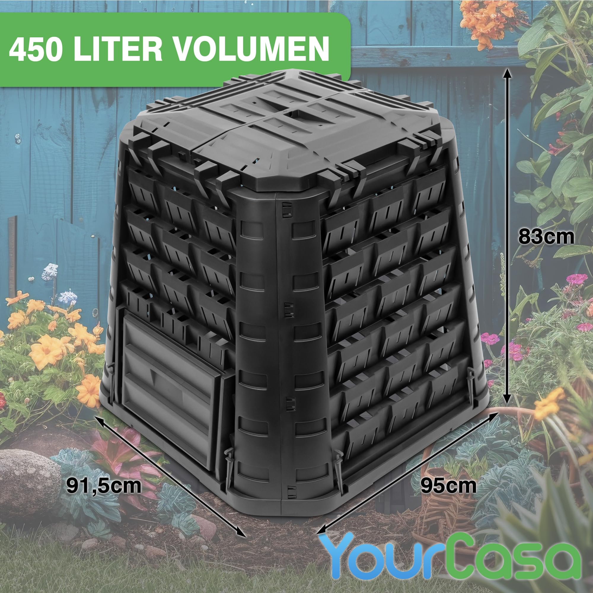 YourCasa® Komposter Garten 450 Liter groß - aus wetterfestem Kunststoff - Schnellkomposter mit robusten Seitenwänden & einfacher Montage - Thermokomposter hergestellt in EU