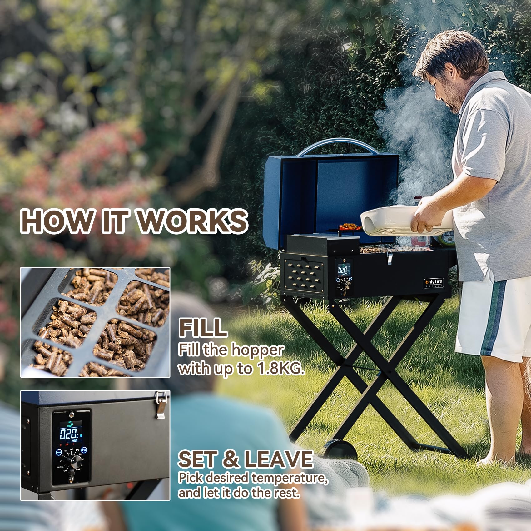 onlyfire Grill na pellet Smoker ze stolikiem pomocniczym i składanym wózkiem, wielofunkcyjny grill na pellet, wędzarnia z automatyczną regulacją temperatury i sondą do mięsa, grill na węgiel drzewny,