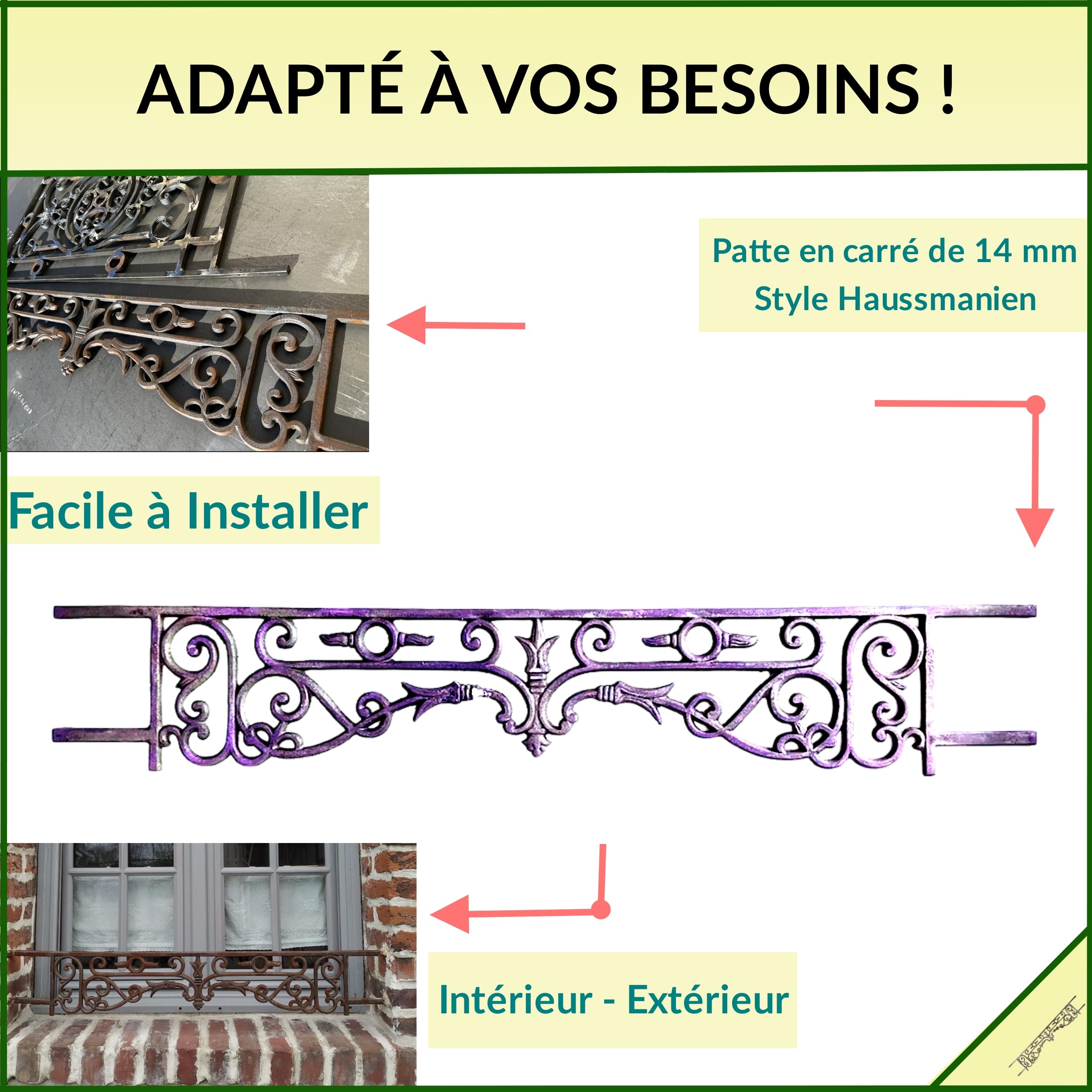 Déco fer Forgé- APPUI DE FENETRE- ADESTOCKFONTE2022- Grille Protection à Sceller 1280 mm x 200 mm-Porte Balcon Fenetres- Garde Corps Carré diam 12 mm- Style Haussmannien Exterieur Utilisation Facile