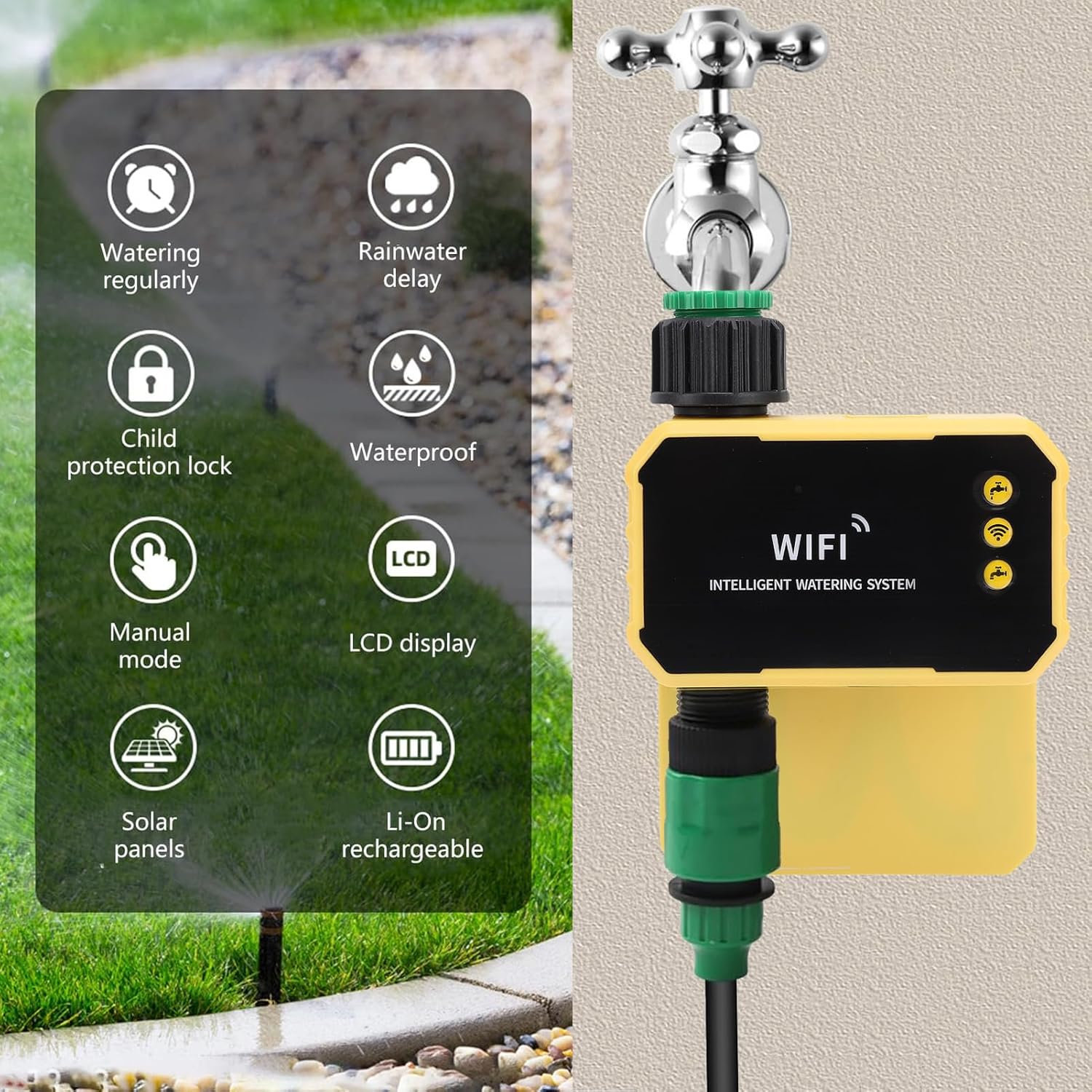 Fafeicy Solar Sprinkler Timer, WiFi Automatic Irrigation Controller with Rain Sensor, 0.3-8KG Water Pressure 3/4in Thread for Villa Balcony Garden Watering