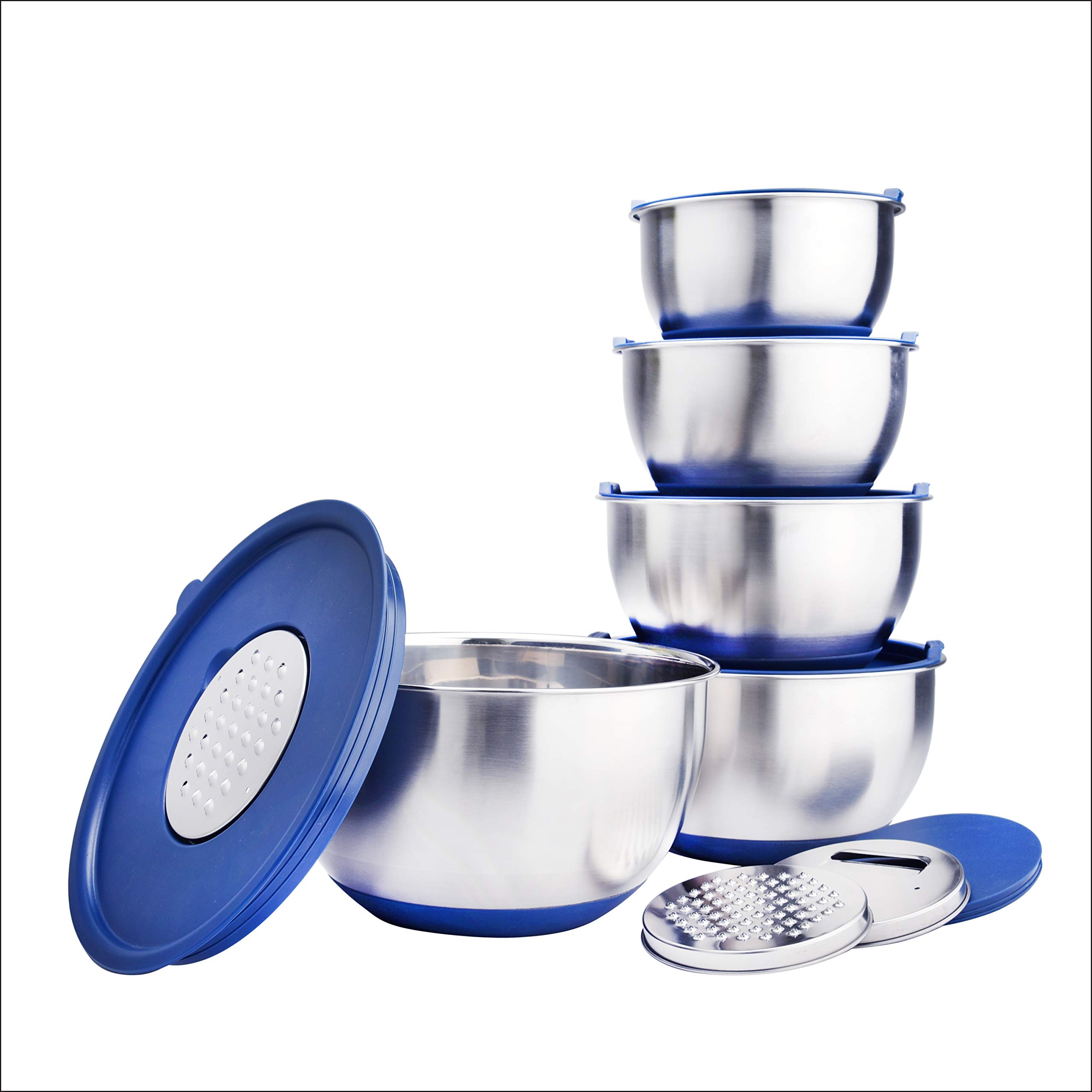 Stainless Steel Mixing Bowl set, ARC USA, with Lids and slicers, Non-Slip Silicone Bottom, Handle, Pour Spouts and Measurement Marks (5pcs set)
