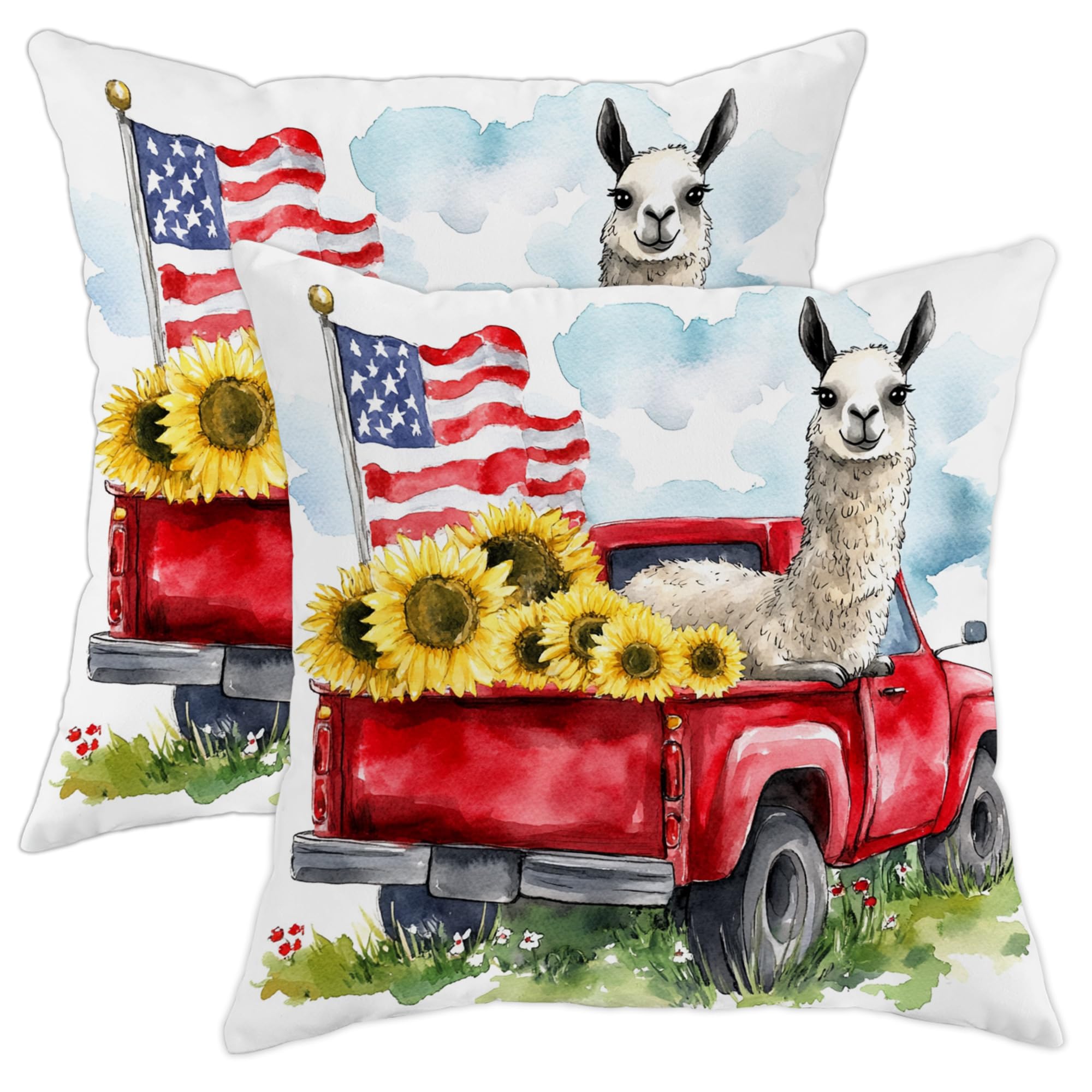 Llama Pillow Covers Set of 2, Red Pickup Truck with Sunflowers and America Flag, Cute Farmhouse Throw Pillows for Summer Home Decor, Perfect Cushion