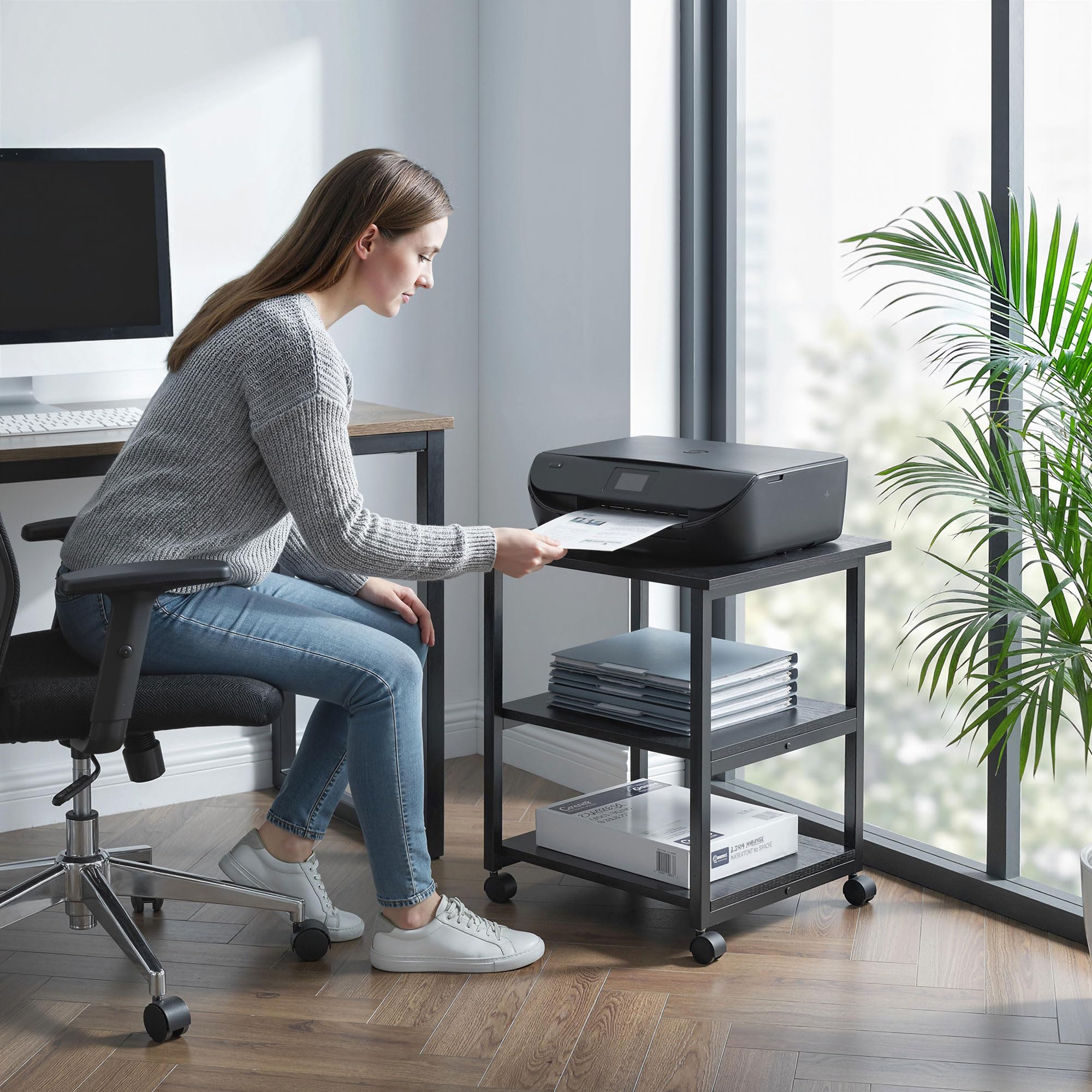 HOMCOM Carrello Porta Stampante a 3 Ripiani, Supporto Stampante con Ruote con Freno, Moderno e Salvaspazio in Acciaio e Legno, per Casa, Studio, Ufficio, 50x50x52.5cm, Nero