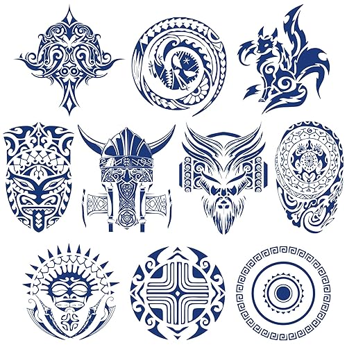 Tatuajes temporales realistas de estilo azteca y vikingo para hombres, tatuajes falsos azules para la parte posterior de las manos y los antebrazos,