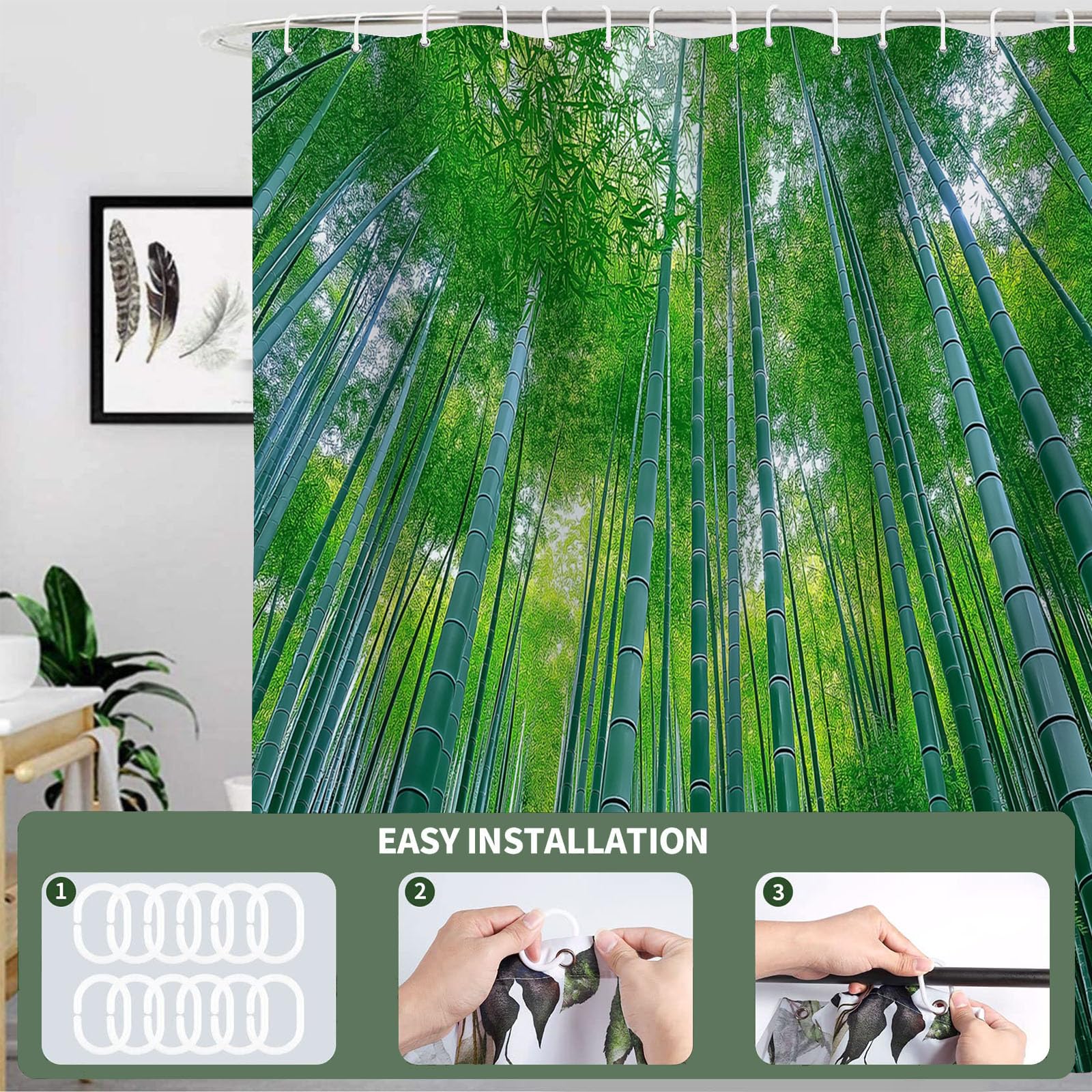 Cortina de Ducha con impresión Digital de Naturaleza Bosque De Bambú. Cortina de Baño con Hoja,240x200cm Impermeable Cortinas de Ducha con 12 Ganchos Tela de poliéster para baño