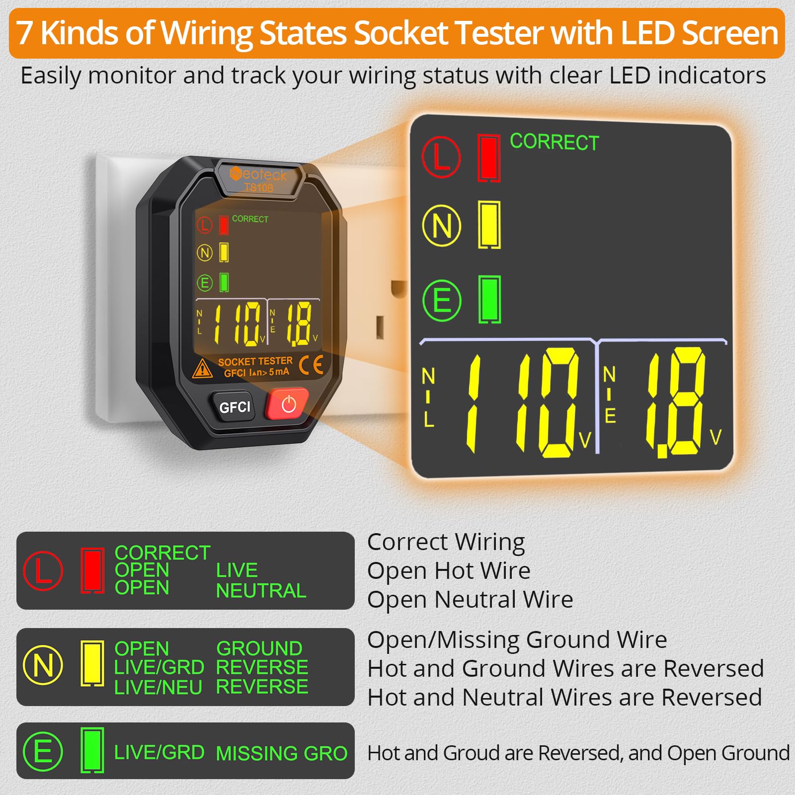 Neoteck Kit de Probador Eléctrico con Detector de Voltaje sin Contacto 12-1000V/48-1000V AC y Comprobador de Enchufe GFCI para Hogar y Electricistas