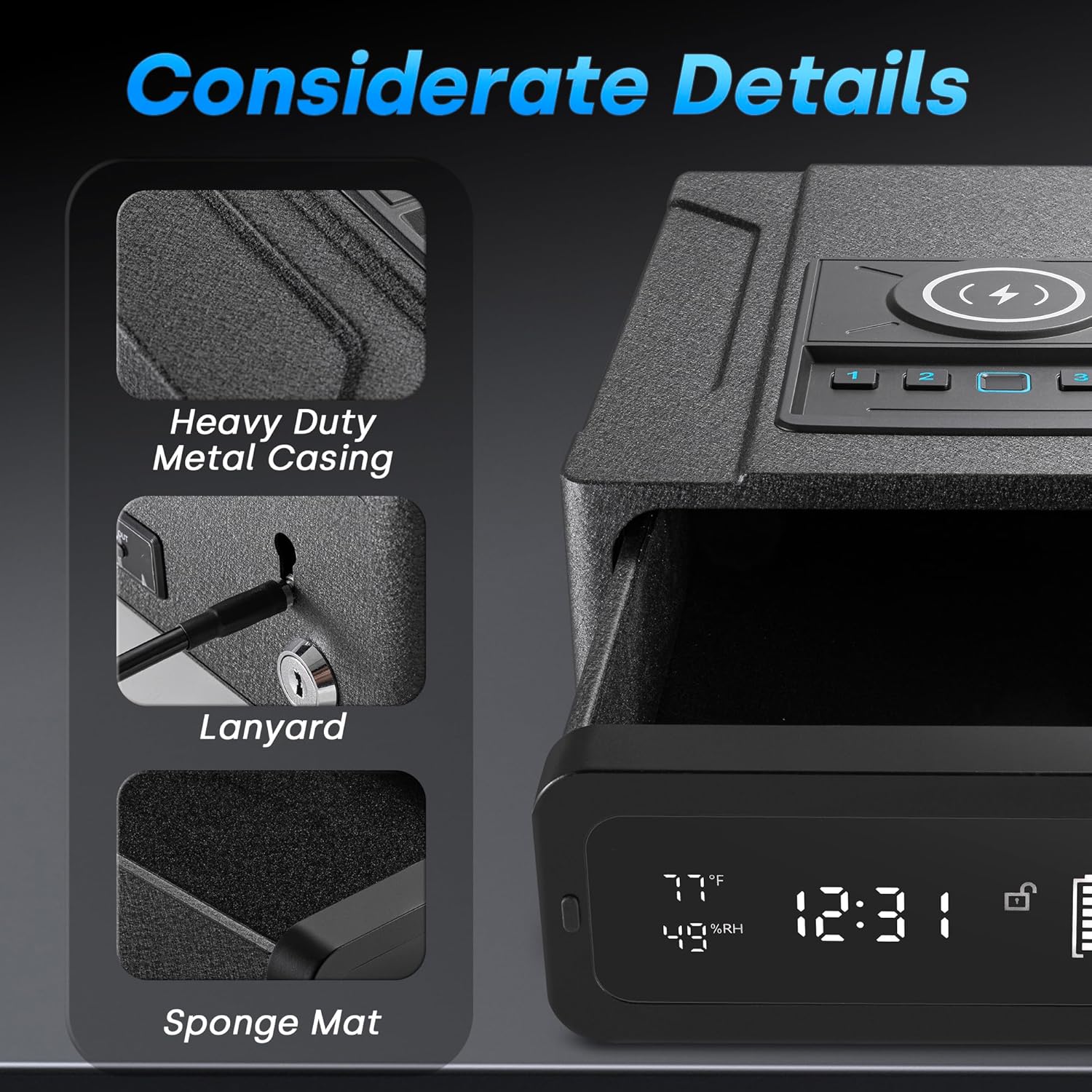 Biometric Gun Safe for Handgun with Wireless Charging, Quick Access Smart Fingerprint Gun Safe, Bedside Pistol Case with 24/7 Digital Alarm Clock and LED Light, Black