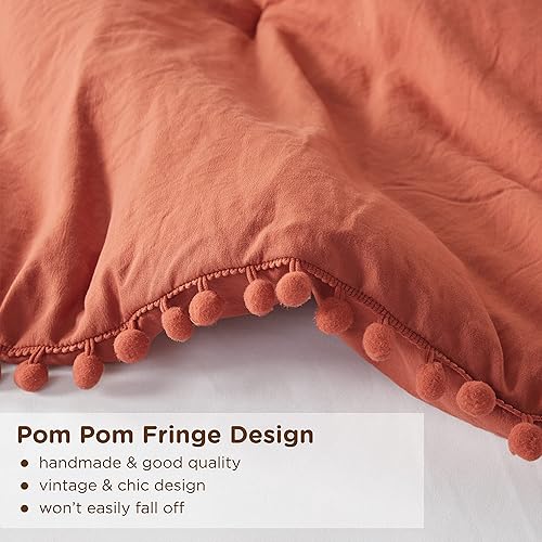 Miniatura 4 de Codi - Juego de edredón tamaño King color terracota - Ropa de cama boho chic con elegantes flecos de pompones, juego de lujo de 3 piezas de