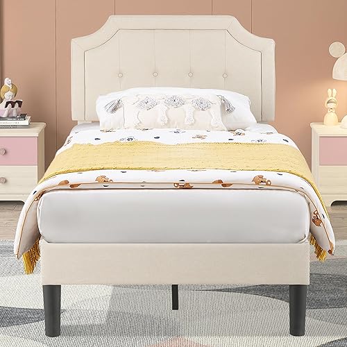 VECELO Upholstered Platform Bed Frame with Adjustable Headboard, Wooden Slats Support, No Box Spring Needed, Modern Style, Twin Size