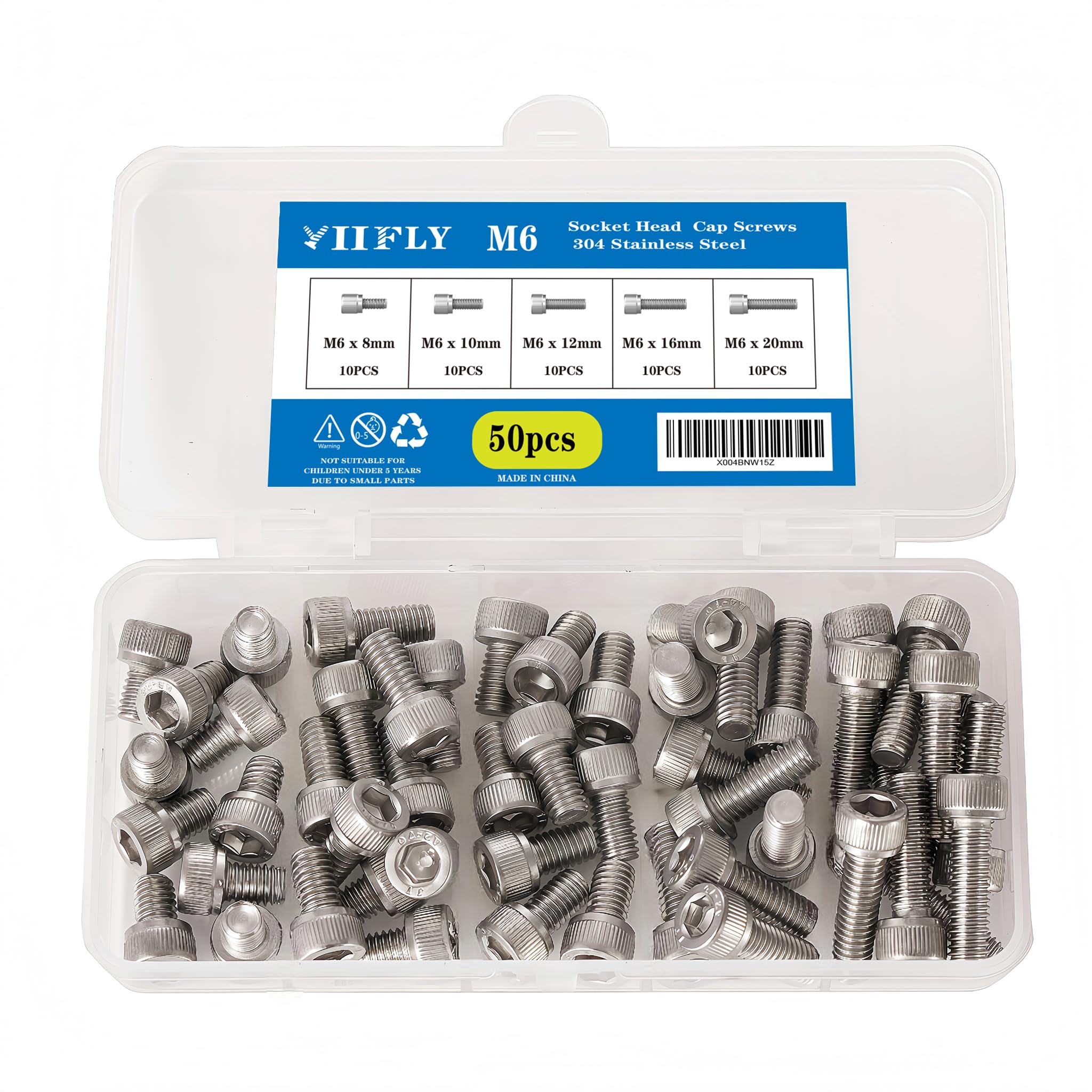 YIIFLY M6-1.0 Socket Head Cap Screws - 8/10/12/16/20mm Length Kit, 304 Stainless Steel (A2-70), Allen Drive,Bright Finish, Fully Threaded, 50-Piece