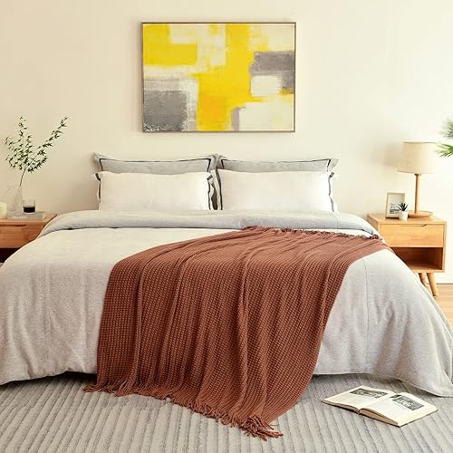 Miniatura 2 de Blagic Manta de punto para sofá, manta suave de estilo rústico bohemio para otoño con borlas, manta ligera decorativa para el hogar, manta naranja