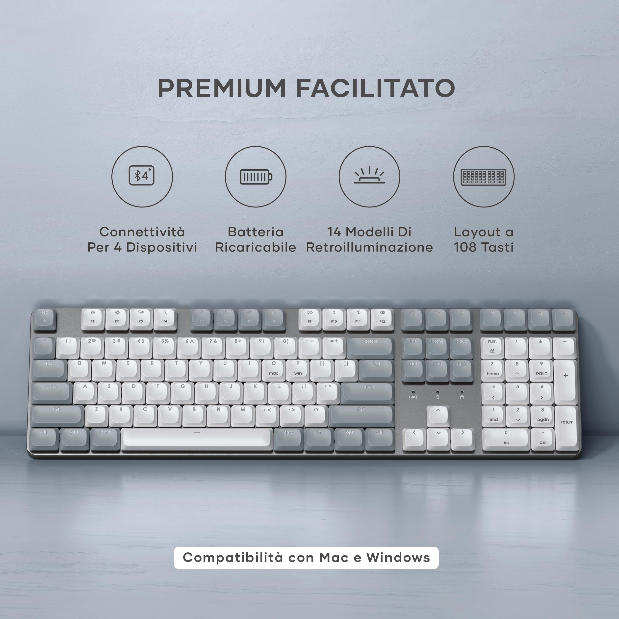 Satechi Tastiera Meccanica 75% SM3 𝗤𝗪𝗘𝗥𝗧𝗬 𝗨𝗦, Bluetooth, 108 Tasti, Retroilluminata e Ricaricabile, Ideale per Gaming, per Mac e Windows (Grigio Chiaro, Layout Americano)