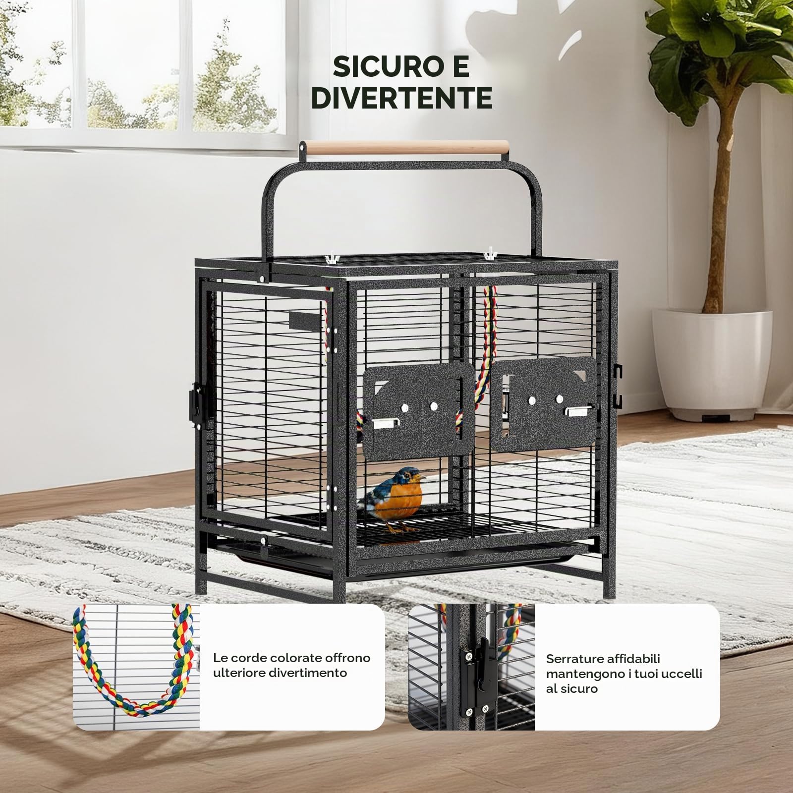 LEADZM Gabbia per uccelli per pappagalli, portatile, con manico in legno, robusta gabbia in ferro con vasca rimovibile, 65 x 48 x 37 cm