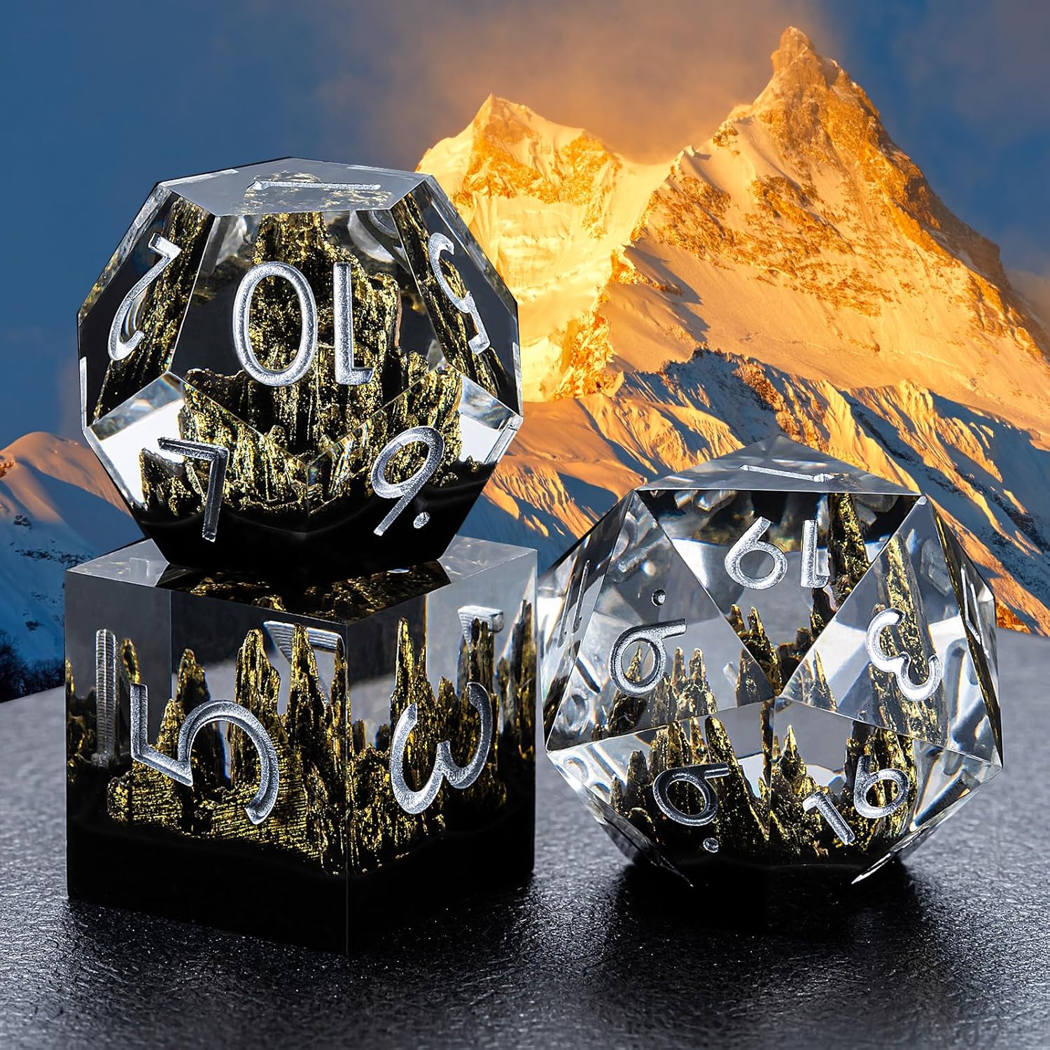 Dungeons and Dragons Sharp Edge Dice, DND Dice Set,7 Piece RPG Polyhedral Dice for Dungeons and Dragons Role Playing Games Gold Green Mountain