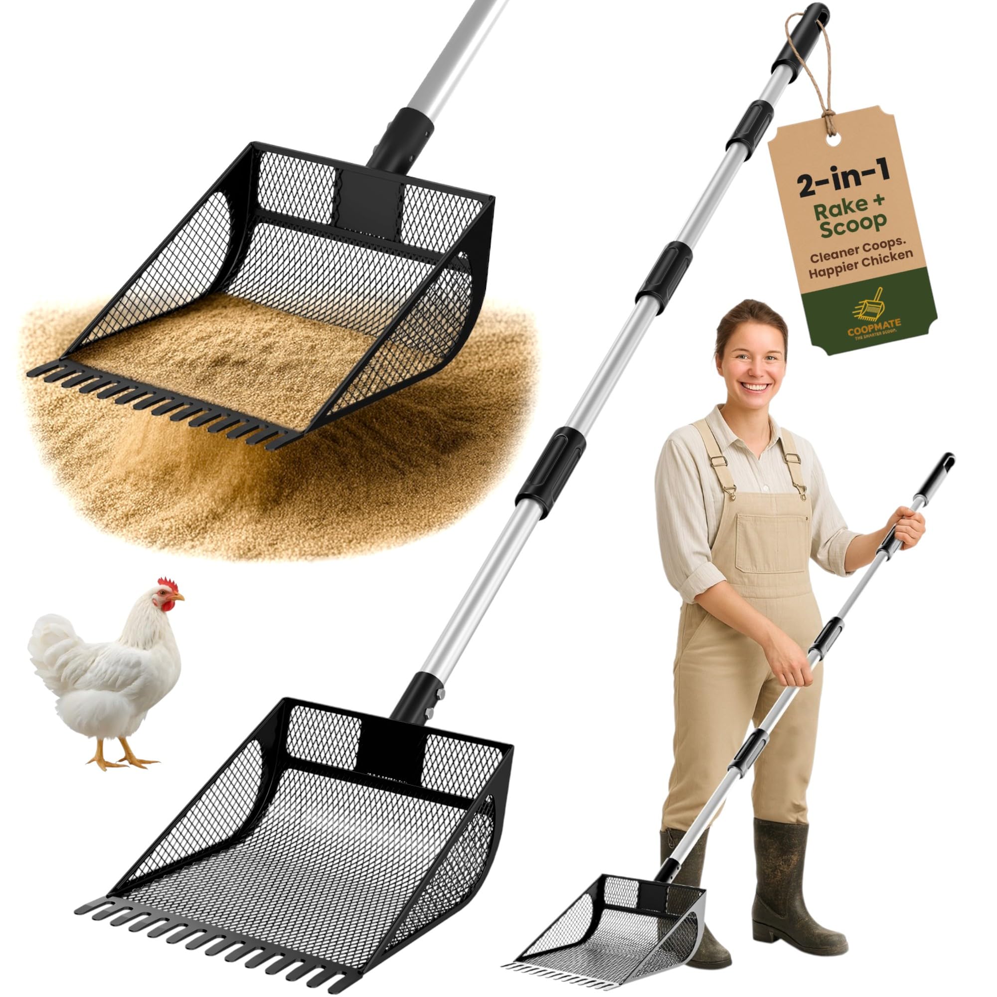 Photo 1 of 2-in-1 Chicken Coop Poop Scooper and Rake - Metal Sand Sifting Litter Scoop Shovel with Angled Basket and Micro-Sized Diamond Mesh to Catch the Smallest Farm Animal Droppings - Adjustable 12" to 53"
