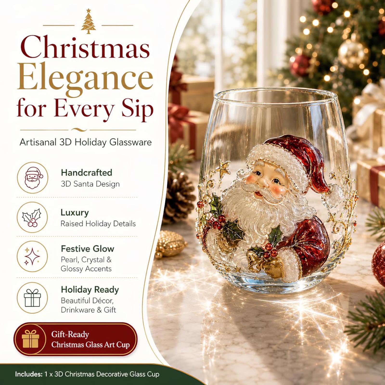 Bicchiere natalizio 2D con motivo Babbo Natale, bicchiere da vino senza stelo, per caffè, tè, succo, latte, feste di Natale, decorazione natalizia, idea regalo