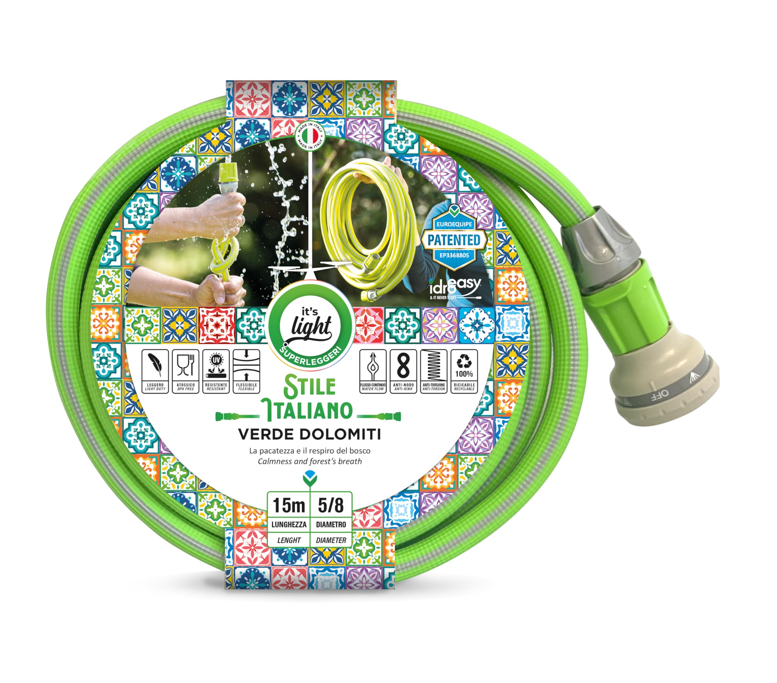 Set 15 Meter Schlauch Armadillo 5/8" mit Handbrause 8 Funktionen Grün Dolomiti