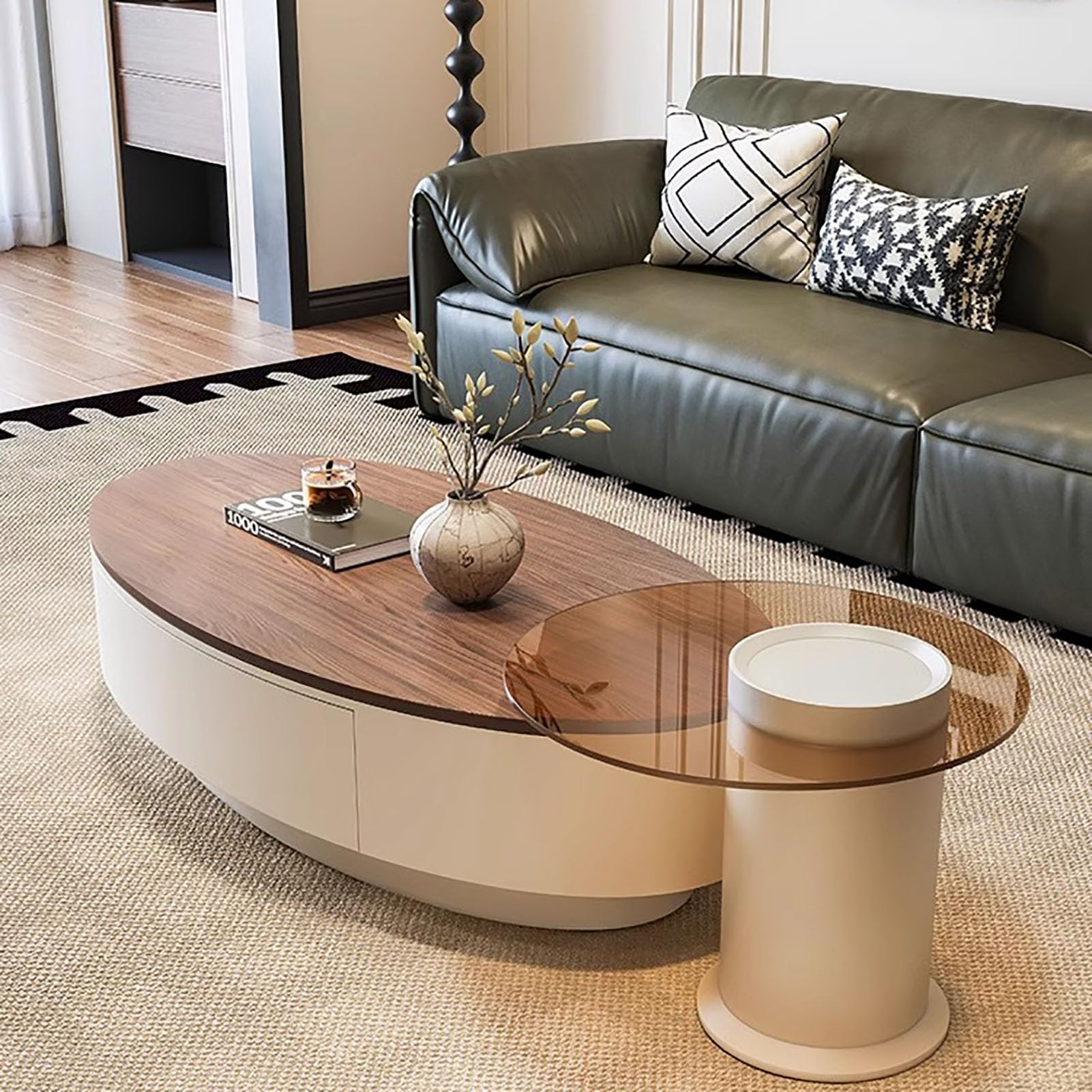 SXZenSpace Oval Nesting Coffee Table,Faux Marble Round End Table Modern 47" Living Room Center with Storage Drawer,B,120x60x33cm(47x24x13inch)