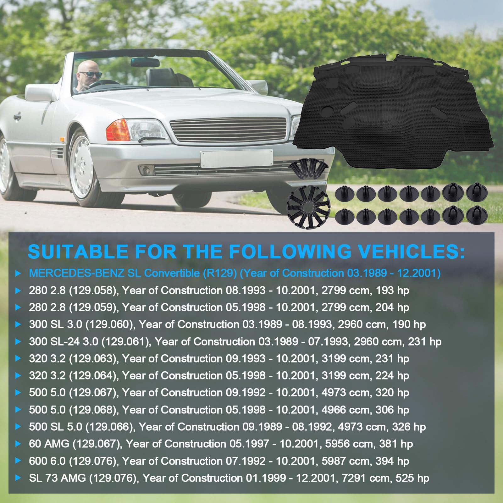 Motorhauben Isolierpad Set Kompatibel mit SL R129 300SL 500SL 600SL SL320 SL500 SL600 1990–2002, Unter der Motorhauben Isoliermatte als Ersatz für 1296802025 A 129 680 20 25