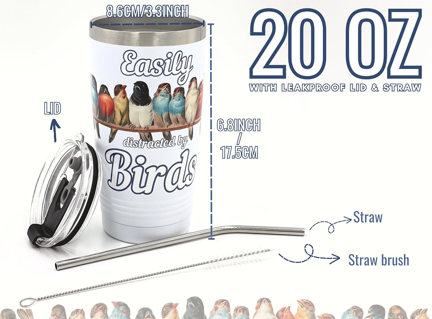 Onebttl Bird Watching Tumbler for Lovers & Watchers, 20oz Stainless Steel Insulated With Lid & Straw, Gift Card & Box Included, Birthday Gift - 360 White - Image 5