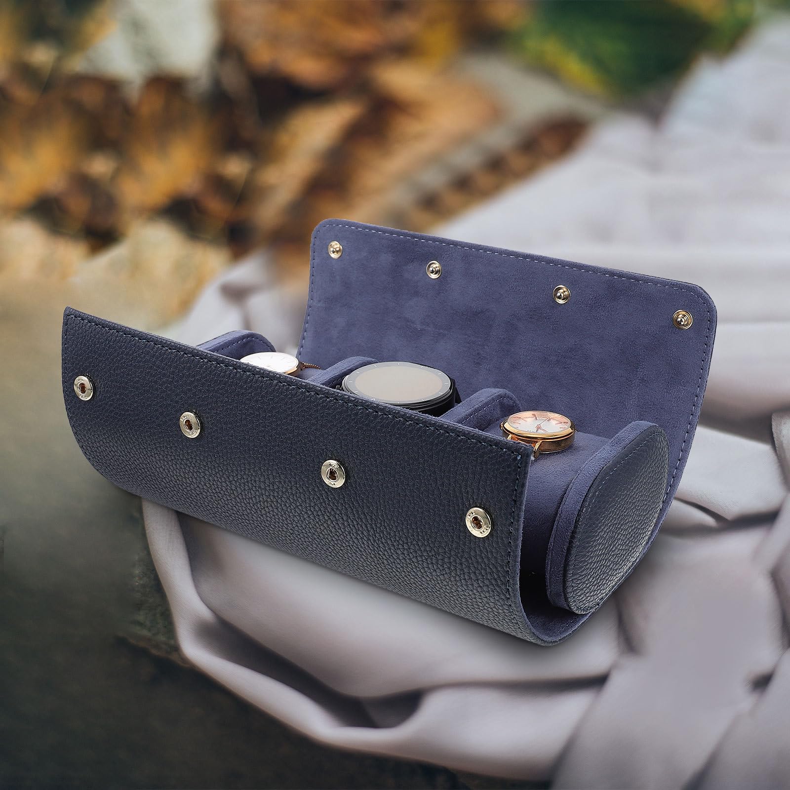 ifundom Caja Organizadora para Relojes 3 Posiciones de Pu Azul Interior de Terciopelo, Estuche Protector Anti Polvo para Guardar Relojes y Joyas, Accesorio Adecuado