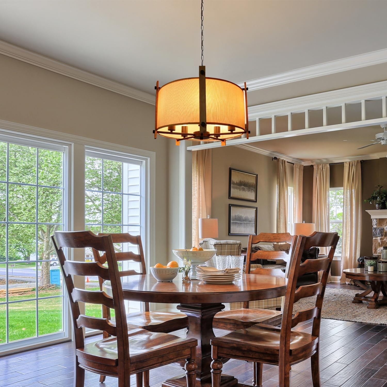 Shine Decor 5-Light Farmhouse Chandelier for Dining Room, 72" Height Adjustable Wood Drum Chandelier, Rustic Chandelier with Beige Fabric Shade for Kitchen Foyer Living Room Entryway