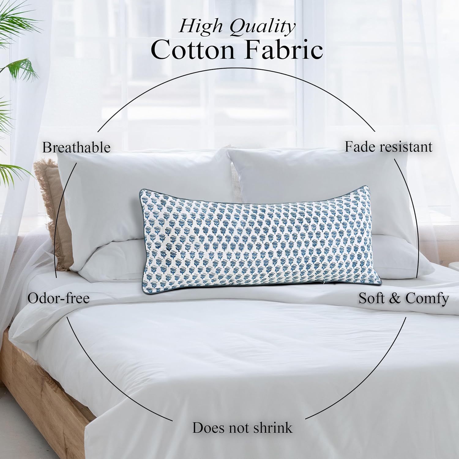 CPC Apatite Blue 100% Cotton Block Print Sham Cover 14x36 inch, Handmade Boho Floral Pillowcase, Farmhouse Cottagecore Bedding, Soft Decorative Cushion Cover for Bedroom Décor - Image 6