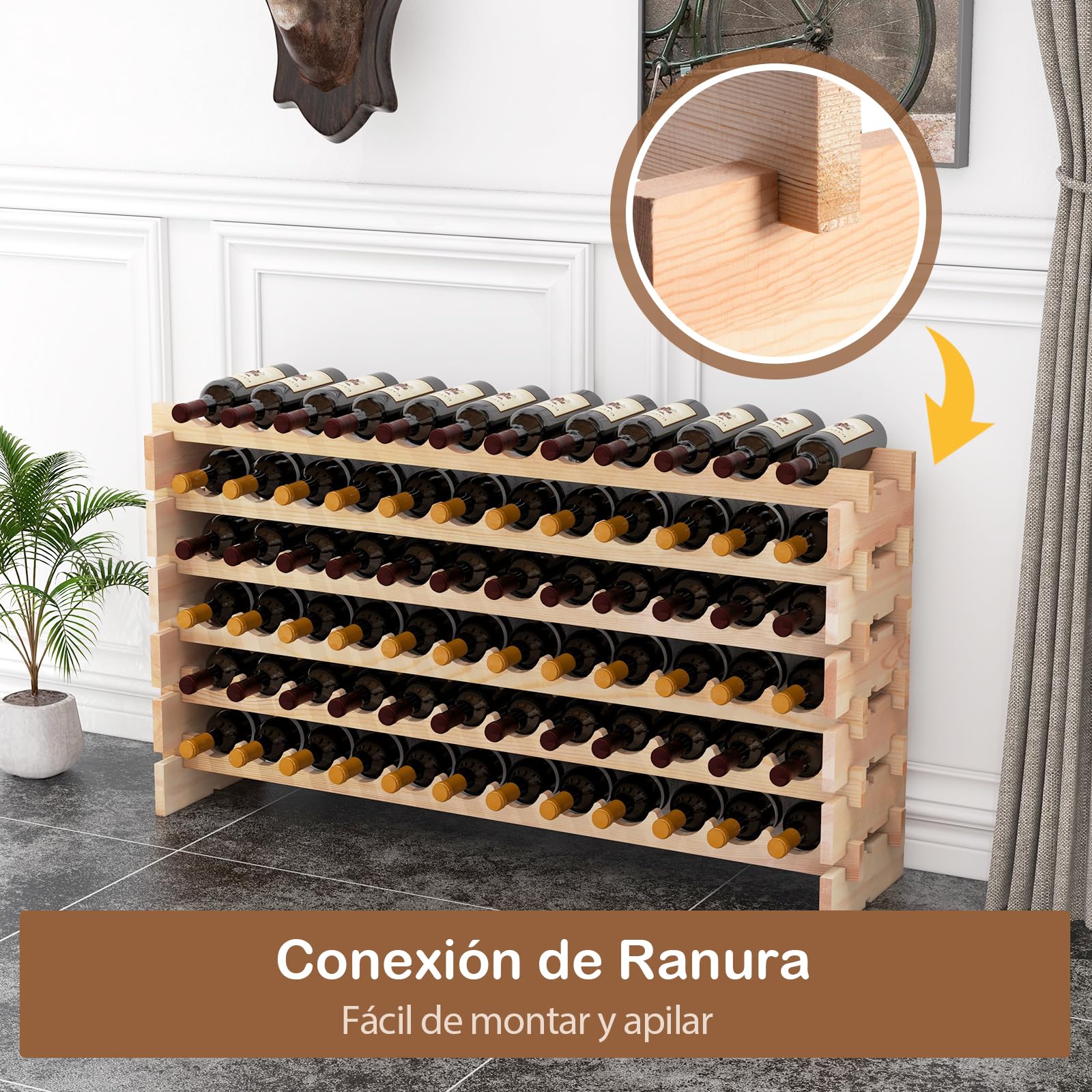 GIANTEX Botellero de Madera de Pino para 72 Botellas con 6 Niveles, Estanteía de Almacenamiento de Vino Independiente, Diseño Inclinado, Soporte de Botellas para Cocina y Bar, 119 x 29 x 71,5 cm