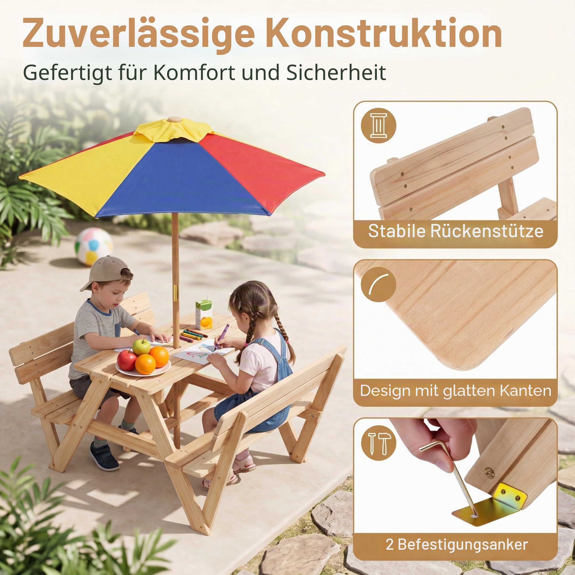 LIFEZEAL Kindersitzgruppe Outdoor, Kinder Picknicktisch-Set mit Sonnenschirm, Sitzgruppe Holz mit Bänke für Kinder ab 3 Jahren, Garten Kindersitzgarnitur für Garten, Hof, Strand