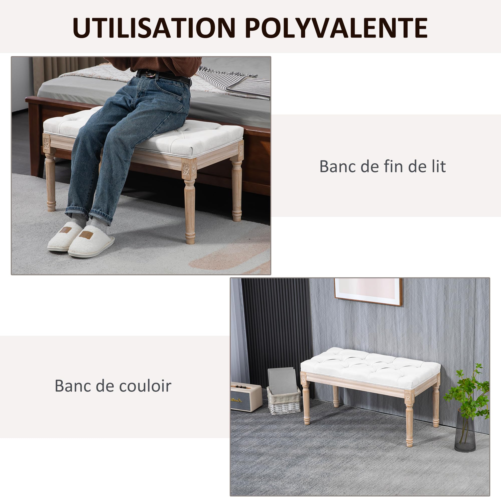 HOMCOM - Banco de asiento acolchado estilo vintage francés acolchado grueso revestimiento, tejido de aspecto lino, patas de madera maciza, crema