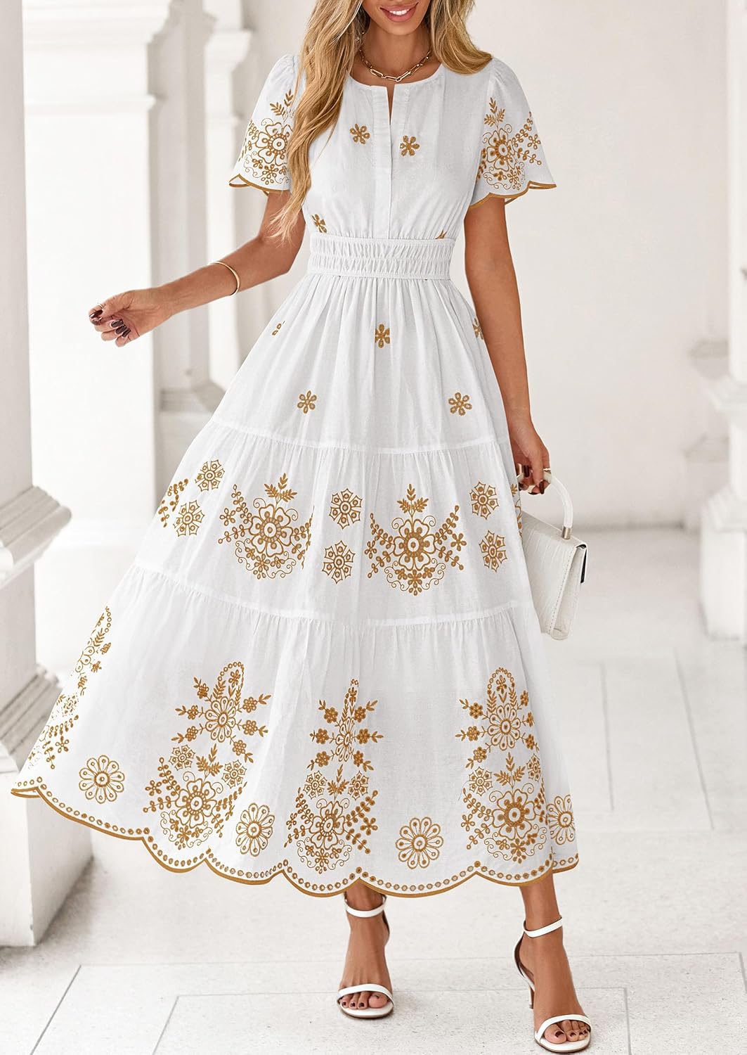 PRETTYGARDEN Boho Dresses for Women 2026 Summer Spring Casual Floral Short Sleeve V Neck Maxi Elastic Waist Dress Pockets