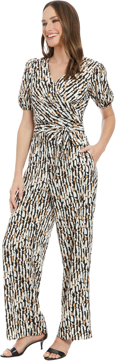 London Times womens Women's Short Sleeve Wrap Jumpsuit With Pockets - Wide Leg Fitted Waist - Special Occasion Jumpsuits - Image 4