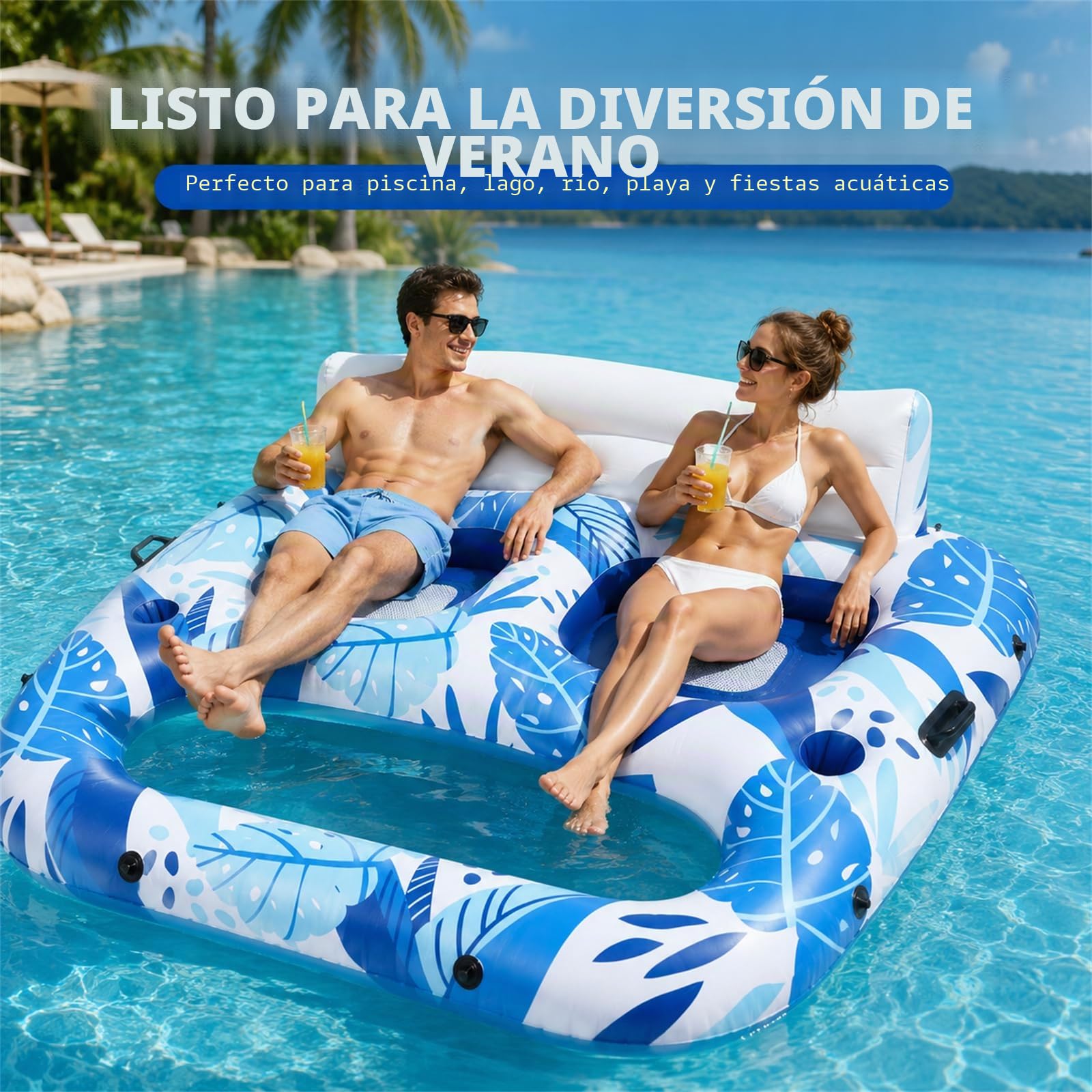 Sillón hinchable para 2 personas con respaldo grande | Isla de natación colchón de aire, soporte para bebidas, asa, para playa y piscina, para adultos