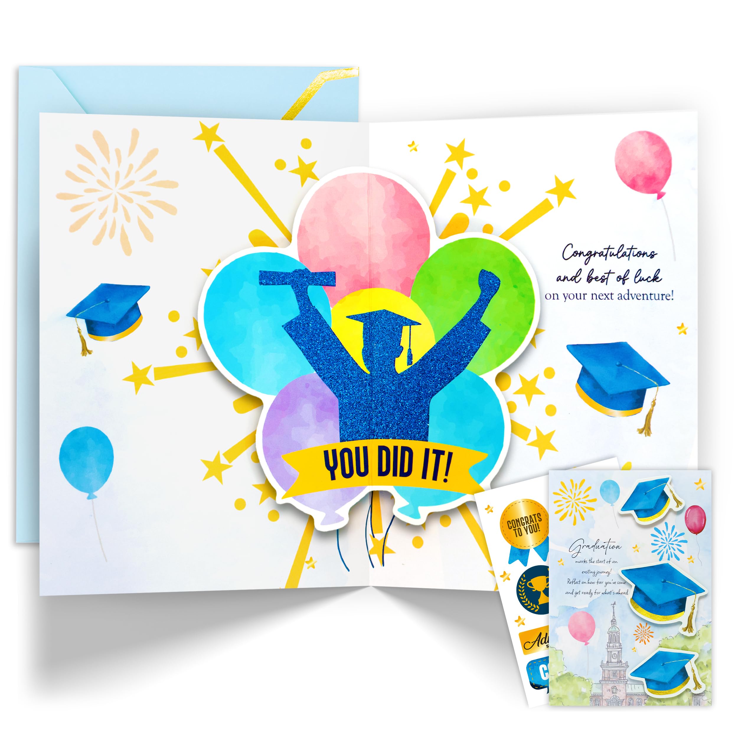 Decorably Pop Up Gold Foiled & Glittery 5x7in Handmade High School Graduation Cards 2026 with Grad Hat Cutouts, College Graduation Card with Envelope