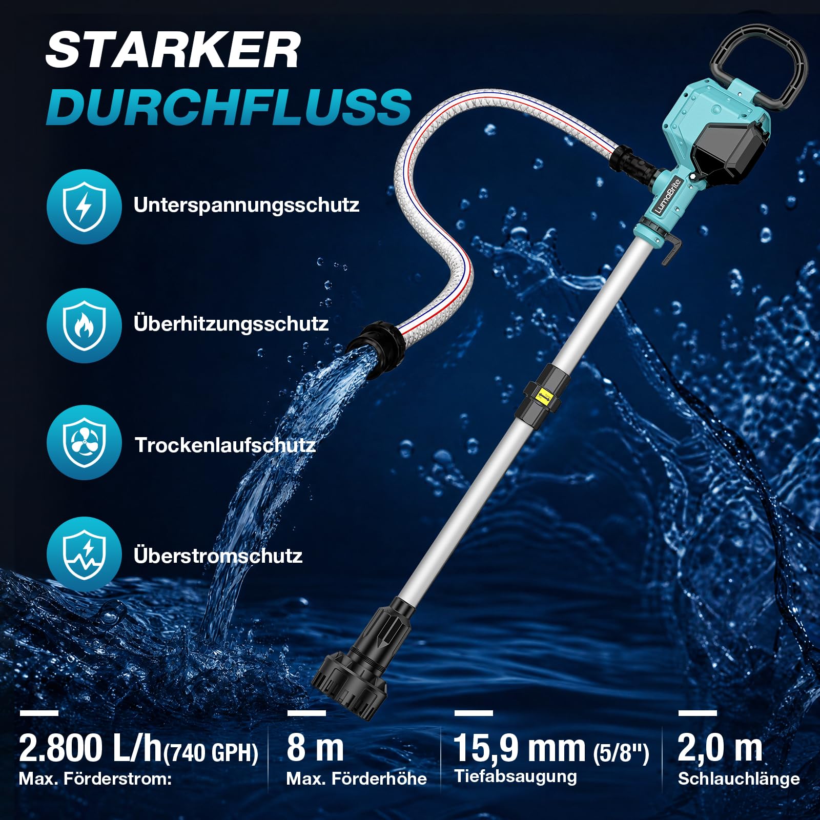 Akku Regenfasspumpe Kompatibel mit Makita 18V Wasserpumpe 2800 L/h und Förderhöhe 8 m, Ausziehbar, Bürstenlos Motor Automatisch Stop, Akku Wasserpumpe für Garten & Pool ((ohne Akku)