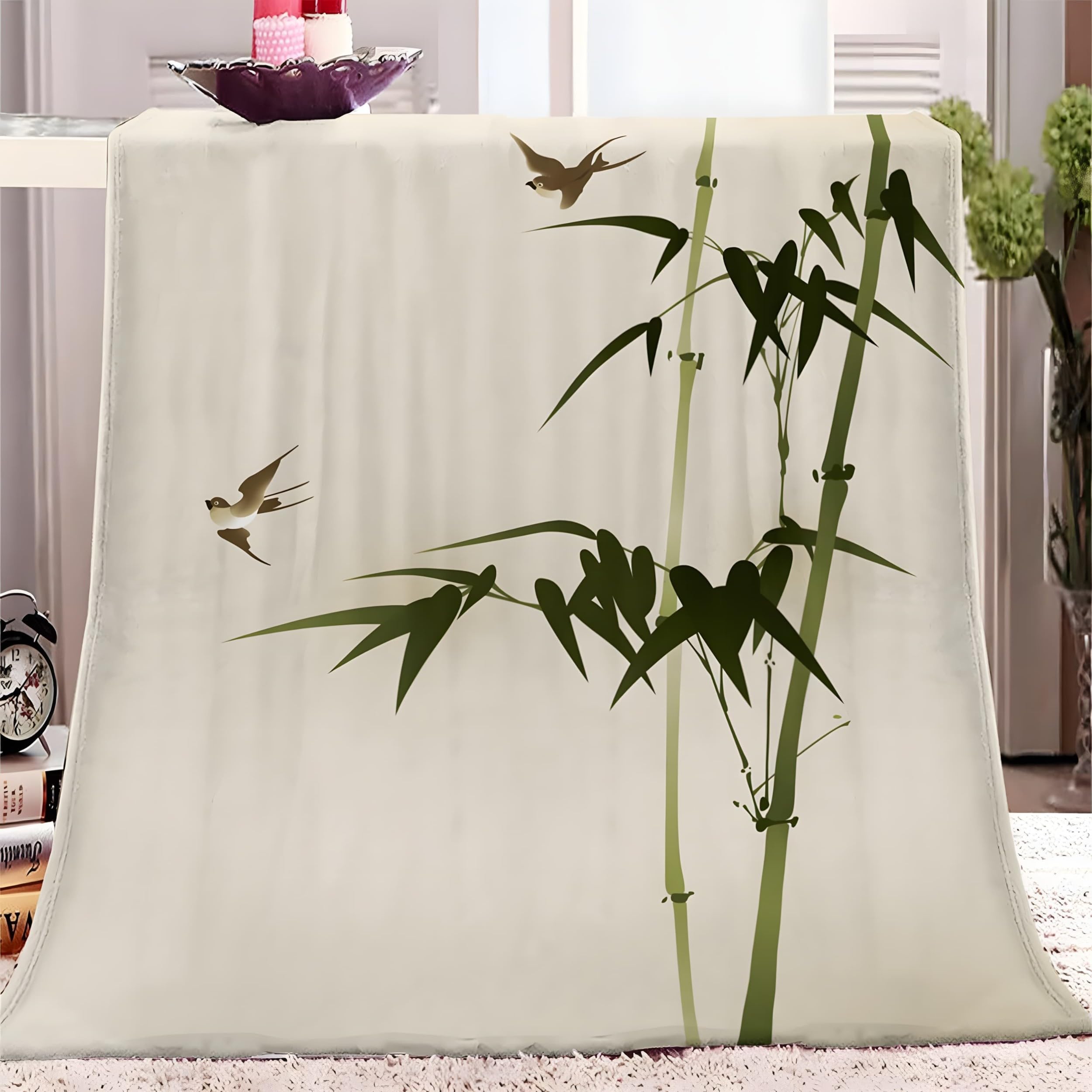 Ramas de bambú y golondrinas Manta, Estilo Natural de Pincel Libre Mantas de Franela de Microfibra 200×230 CM, Ligero, Suave, Esponjoso y Termica, Manta para Sofás, Camas, Sillones Reclinables, etc